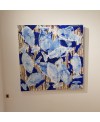 Peinture moderne, tableau contemporain figuratif, acrylique sur toile 100x100cm intitulée: poissons tigres blancs et bleus.