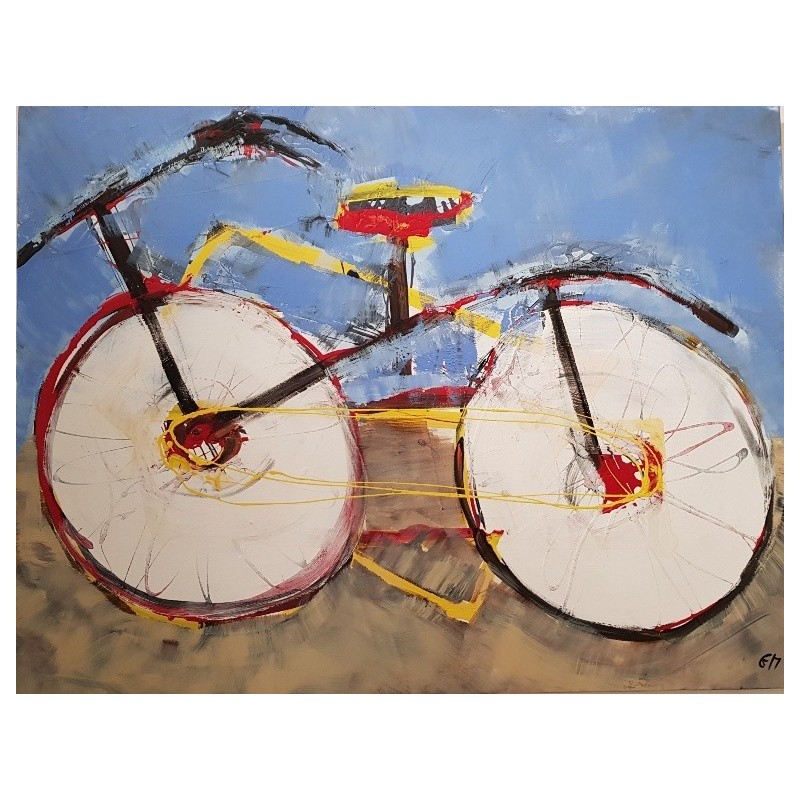 Peinture moderne, tableau contemporain figuratif, acrylique sur toile 116X89cm intitulée: vélo à la selle rouge.