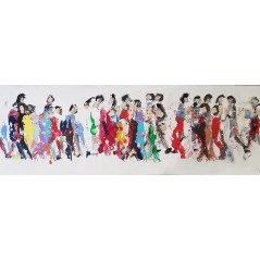 Peinture moderne, tableau contemporain figuratif,acrylique sur toile 150x50cm représentant des hommes qui marchent en couleur