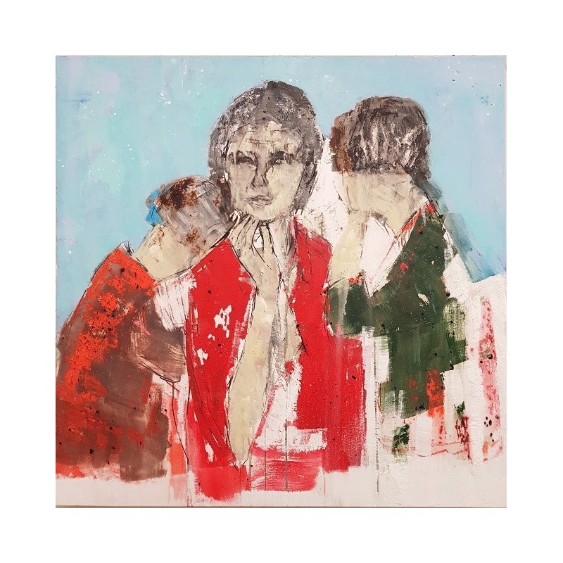 Peinture contemporaine acrylique sur toile 100x100cm intitulée: femme aux enfants.