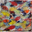 Tableau moderne, peinture contemporaine figurative, acrylique sur toile 100x100cm intitulée: poissons rouges et jaunes.