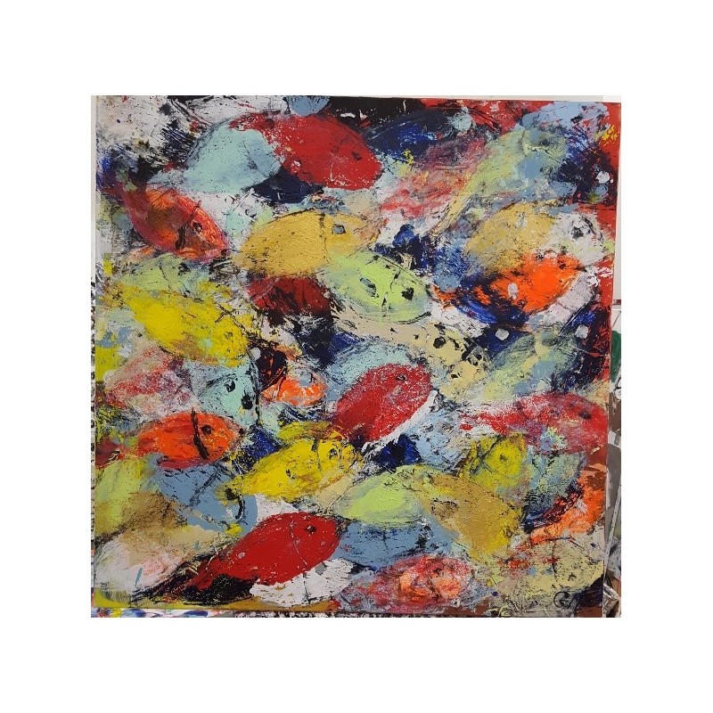 Tableau moderne, peinture contemporaine figurative, acrylique sur toile 100x100cm intitulée: poissons rouges et jaunes.