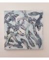 Peinture contemporaine, tableau moderne figuratif, acrylique sur toile 100x100cm intitulée: poissons gris et verts.