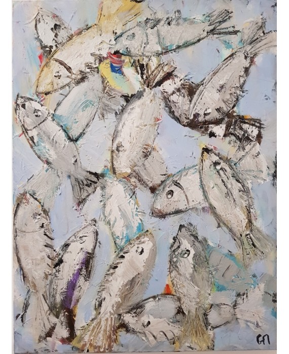 Peinture contemporaine, tableau moderne figuratif, acrylique sur toile 60x80cm intitulée: poissons gris et blancs.