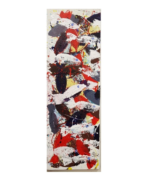 Peinture contemporaine, tableau moderne figuratif, acrylique sur toile 40x120cm intitulée: poissons blancs rouges et noirs.