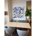 Peinture contemporaine acrylique sur toile 100x100cm intitulée: poissons bleus et jaunes.