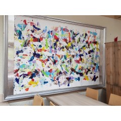 Peinture contemporaine acrylique sur toile 160x250cm intitulée: poissons bleus.