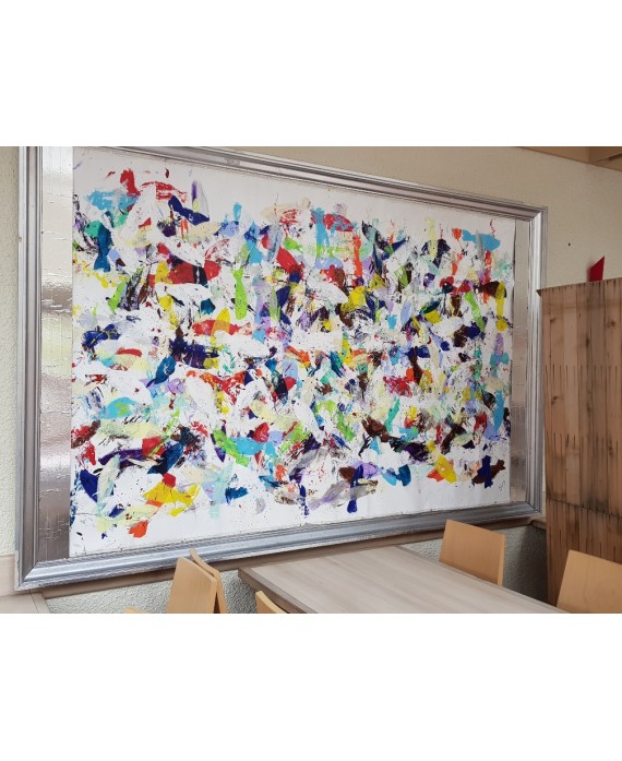 Peinture contemporaine acrylique sur toile 160x250cm intitulée: poissons bleus.