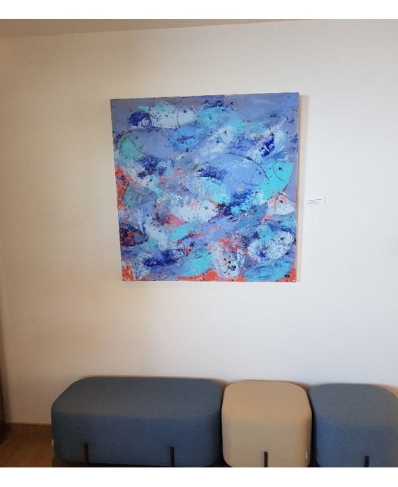 Peinture contemporaine, tableau moderne figuratif, acrylique sur toile 100x100cm intitulée: poissons bleus.