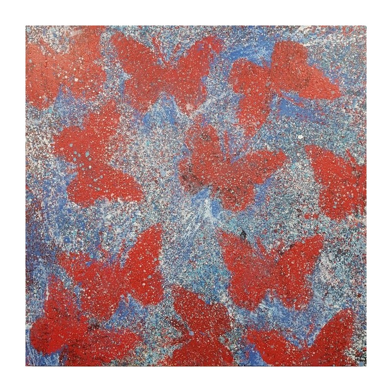 Tableau moderne, peinture contemporaine figurative, acrylique sur toile 100x100cm intitulée: papillons rouges sur fond bleu.