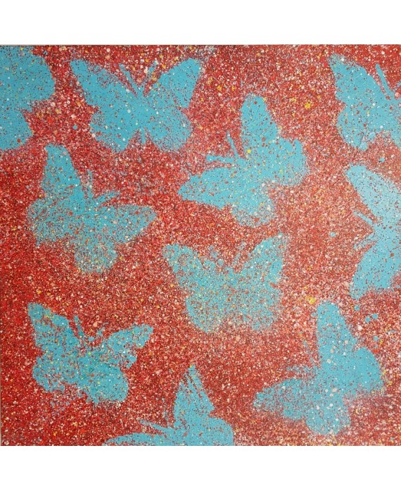 Peinture contemporaine, tableau moderne figuratif, acrylique sur toile 100x100cm intitulée: papillons bleus sur fond rouge