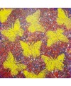Peinture moderne, tableau contemporain figuratif, acrylique sur toile 100x100cm intitulée: papillons jaunes sur fond rouge.
