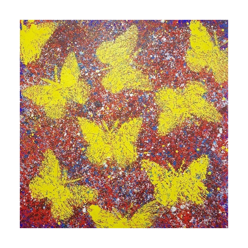 Peinture moderne, tableau contemporain figuratif, acrylique sur toile 100x100cm intitulée: papillons jaunes sur fond rouge.