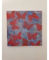 Tableau moderne, peinture contemporaine figurative, acrylique sur toile 100x100cm intitulée: papillons rouges sur fond bleu.