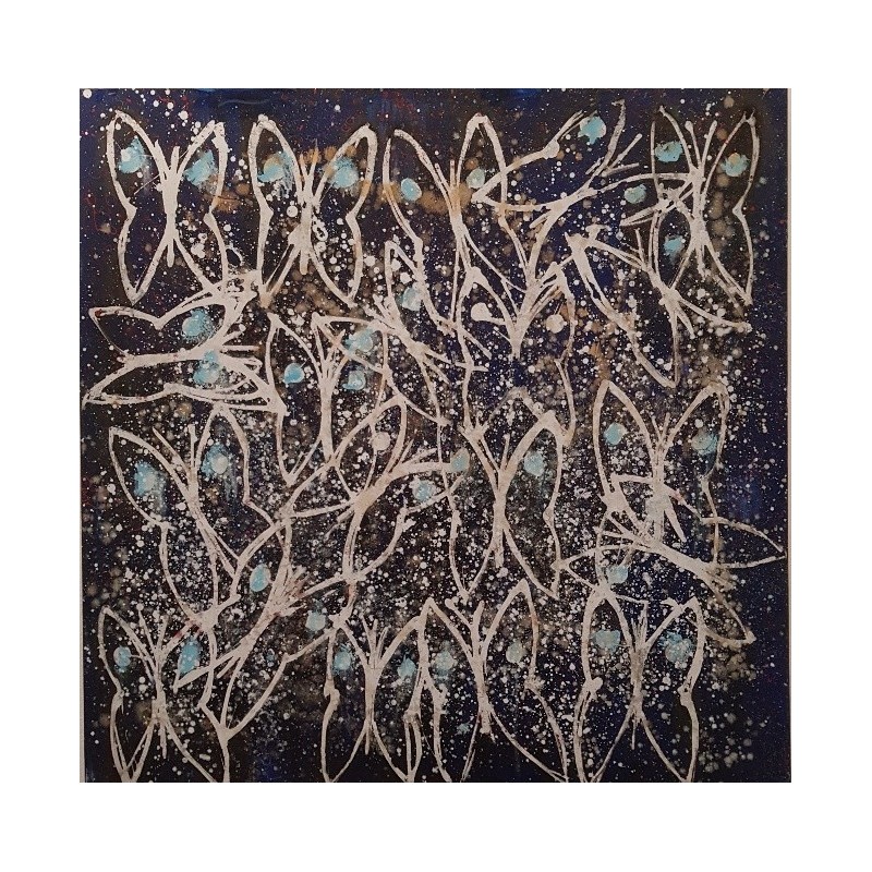 Peinture moderne, tableau contemporain figuratif, acrylique sur toile 100x100cm intitulée: papillons blancs et bleus.