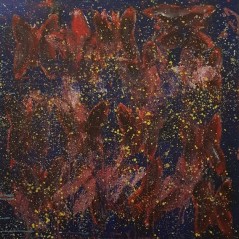 Peinture moderne, tableau contemporain figuratif, acrylique sur toile 100x100cm intitulée: papillons de nuit.