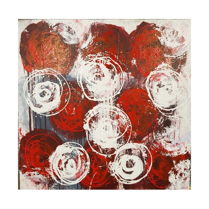 Tableau contemporain, peinture moderne figurative, acrylique sur toile 100x100cm intitulée: fleurs rouges et blanches.