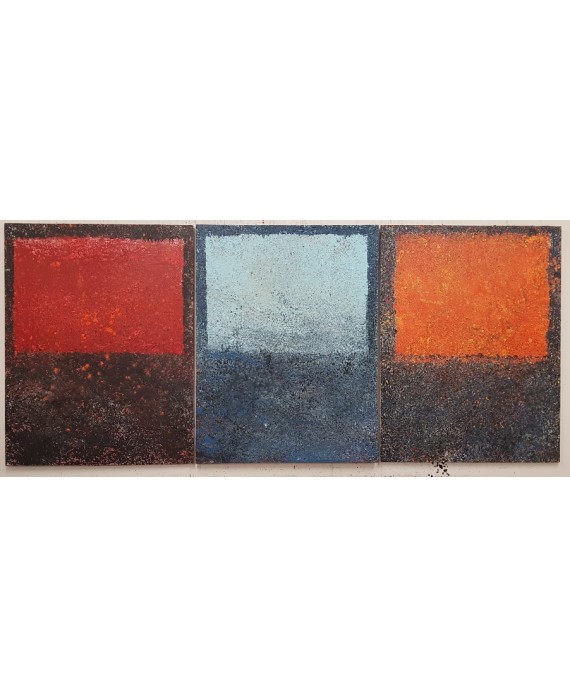 Peinture contemporaine, tableau moderne abstrait, acrylique sur toile triptyque: 3 fois 116x89cm, intitulée fenêtres de couleur.