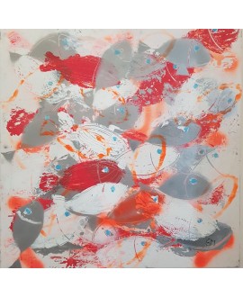 Tableau contemporain, peinture moderne figurative, acrylique sur toile 100x100cm intitulée: poissons orange fluo.