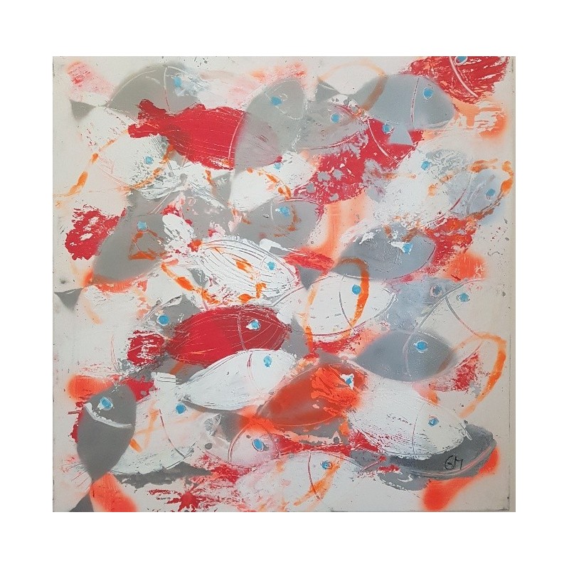 Tableau contemporain, peinture moderne figurative, acrylique sur toile 100x100cm intitulée: poissons orange fluo.