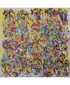 Peinture moderne, tableau contemporain figuratif, acrylique sur toile 100x100cm intitulée: multitetes jaunes.