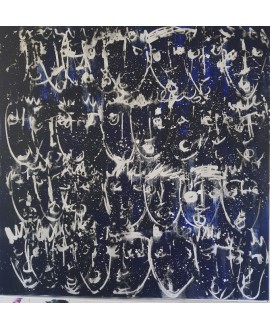 Tableau moderne, peinture contemporaine figurative, acrylique sur toile 100x100cm intitulée: multitetes bleues.