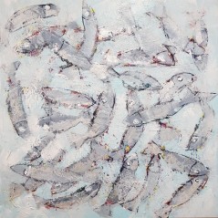 Tableau contemporain, peinture moderne figurative, acrylique sur toile 100x100cm intitulée: poissons gris et bleus.