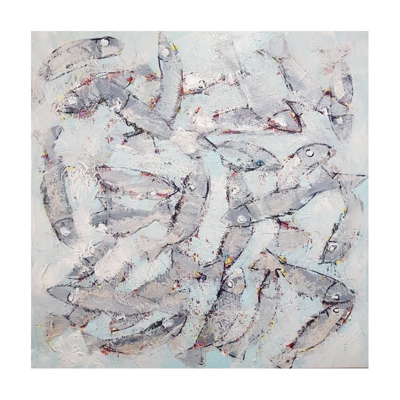 Tableau contemporain, peinture moderne figurative, acrylique sur toile 100x100cm intitulée: poissons gris et bleus.