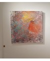 Peinture contemporaine, tableau moderne abstrait, acrylique sur toile 100x100cm intitulée fenêtre rouge et jaune.