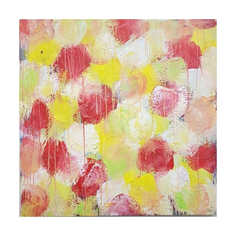 Tableau contemporain, peinture moderne figurative, acrylique sur toile 100x100cm intitulée: fleurs rouges et jaunes.