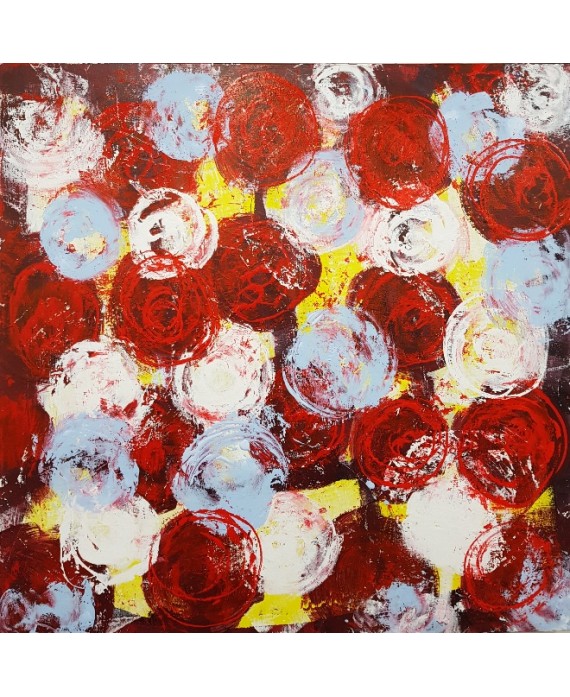Peinture contemporaine, tableau moderne figuratif, acrylique sur toile 100x100cm intitulée: fleurs rouges bleues et blanches.