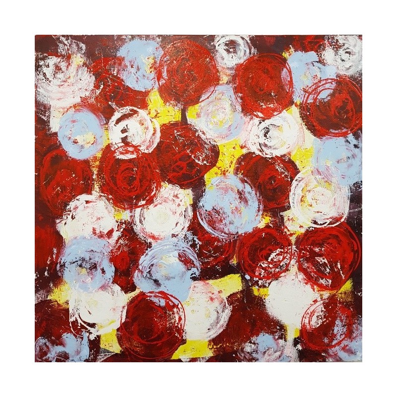 Peinture contemporaine, tableau moderne figuratif, acrylique sur toile 100x100cm intitulée: fleurs rouges bleues et blanches.