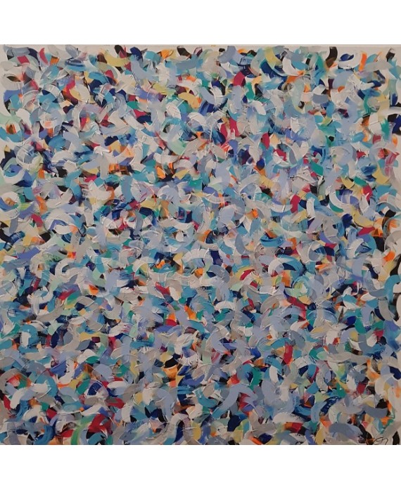 Tableau contemporain, peinture moderne figurative, acrylique sur toile 100x100cm intitulée: petite friture bleue.