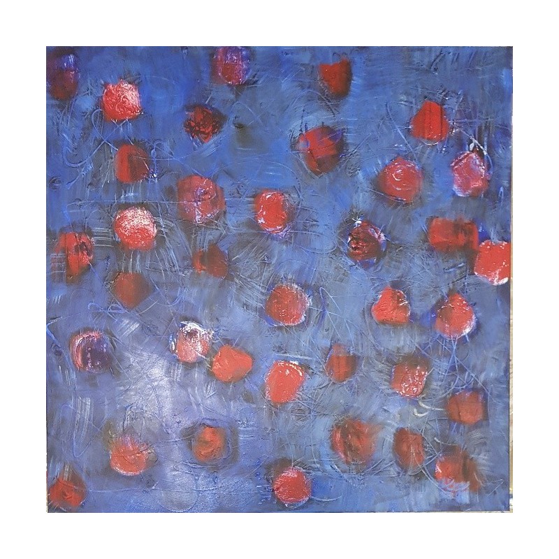 Peinture contemporaine, tableau moderne figuratif, acrylique sur toile 100x100cm intitulée: fleurs rouges.