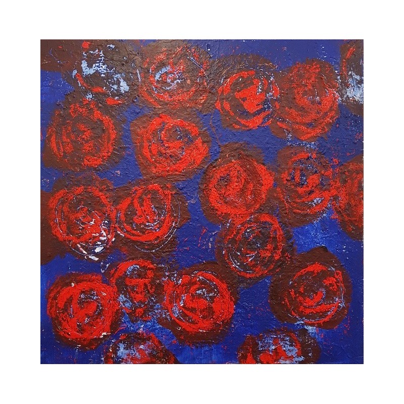 Peinture contemporaine, tableau moderne figuratif, acrylique sur toile 100x100cm intitulée: grosses fleurs rouges.