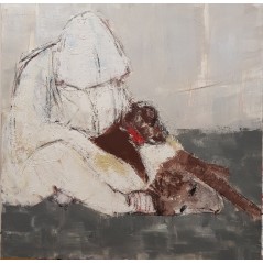 Peinture contemporaine acrylique sur toile 100x100cm intitulée: Hommes aux chiens.