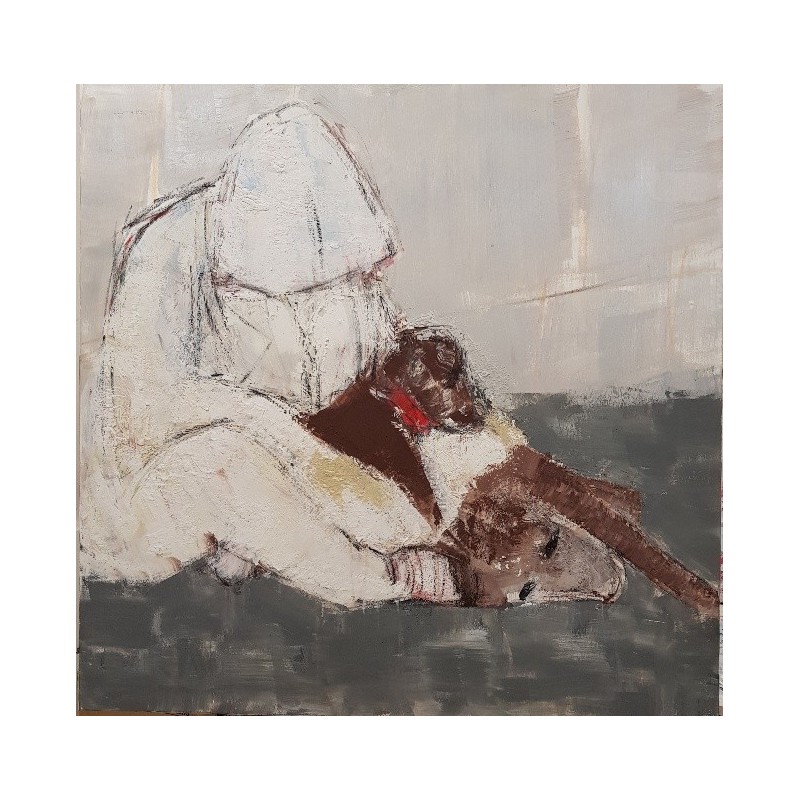 Peinture contemporaine acrylique sur toile 100x100cm intitulée: Hommes aux chiens.