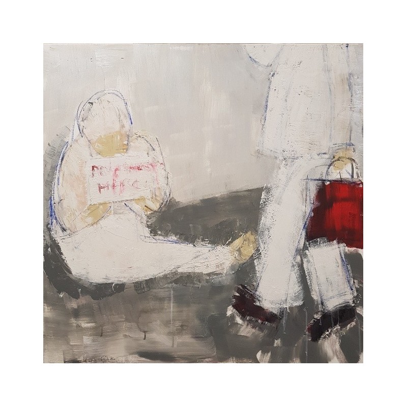 Tableau moderne, peinture contemporaine figurative, acrylique sur toile 100x100cm intitulée: Le sac rouge.