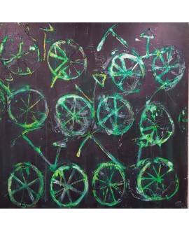 Peinture moderne, tableau contemporain figuratif, acrylique sur toile 100x100cm intitulée: vélos verts.