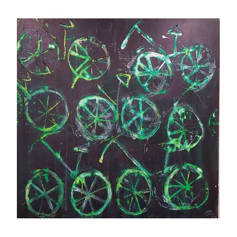 Peinture moderne, tableau contemporain figuratif, acrylique sur toile 100x100cm intitulée: vélos verts.