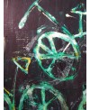 Peinture moderne, tableau contemporain figuratif, acrylique sur toile 100x100cm intitulée: vélos verts.