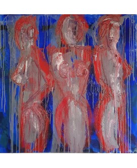 Peinture contemporaine, tableau moderne de nu figuratif, acrylique sur toile 100x100cm intitulée: 3 femmes en rouge et bleu.