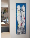 Tableau contemporain, peinture moderne figurative, acrylique sur toile 40x120cm intitulée: poissons blancs sur fond bleu 1.