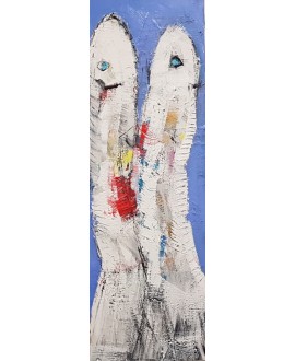 Tableau contemporain, peinture moderne figurative, acrylique sur toile 40x120cm intitulée: poissons blancs sur fond bleu 3.