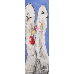 Tableau contemporain, peinture moderne figurative, acrylique sur toile 40x120cm intitulée: poissons blancs sur fond bleu 3.