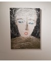 Peinture contemporaine, portrait, tableau moderne figuratif, acrylique sur toile 100x73cm intitulée: enfant au pull vert.
