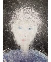 Tableau moderne, portrait, peinture contemporaine figurative, acrylique sur toile 100x73cm intitulée: femme aux yeux bleus.