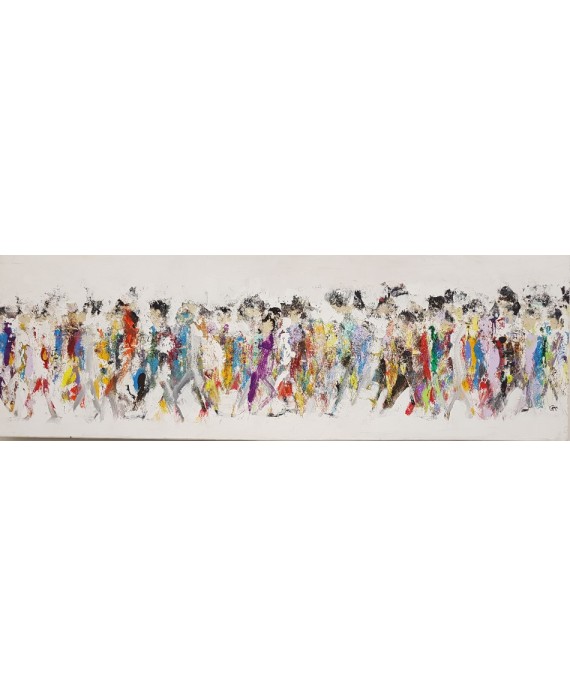 Peinture contemporaine acrylique, tableau moderne figuratif, sur toile 150x50cm représentant des HQM en couleur 3.