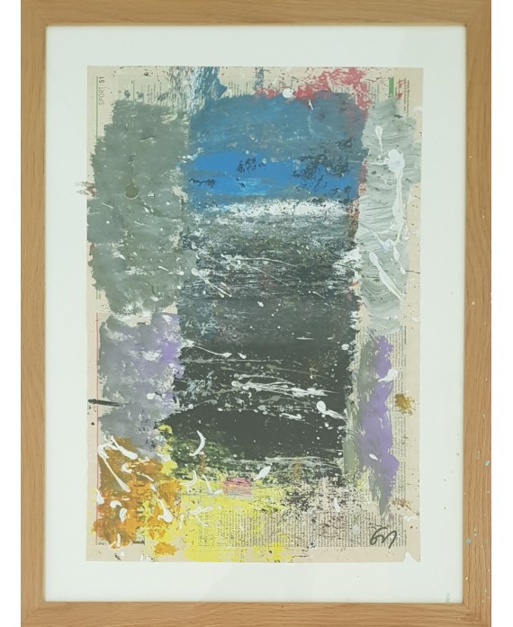 Peinture contemporaine, tableau moderne abstrait, acrylique sur papier sous verre 70x53cm intitulée: fenêtre sur azur.