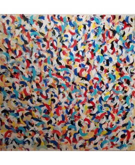 Peinture moderne, tableau contemporain figuratif, acrylique sur toile 100x100cm intitulée: petite friture rouge et bleue.